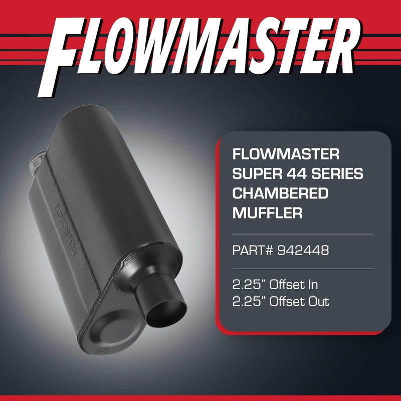 Flowmaster Super 44 Series Chambered Muffler â€“ 2.25â€ - Offset In/Offset Out â€“ Aggressive Sound â€“ 16 Gauge Aluminized Steel â€“ For Classic & Late Muscle Cars, Street Rods, Trucks, SUVs (942448) - Image 2
